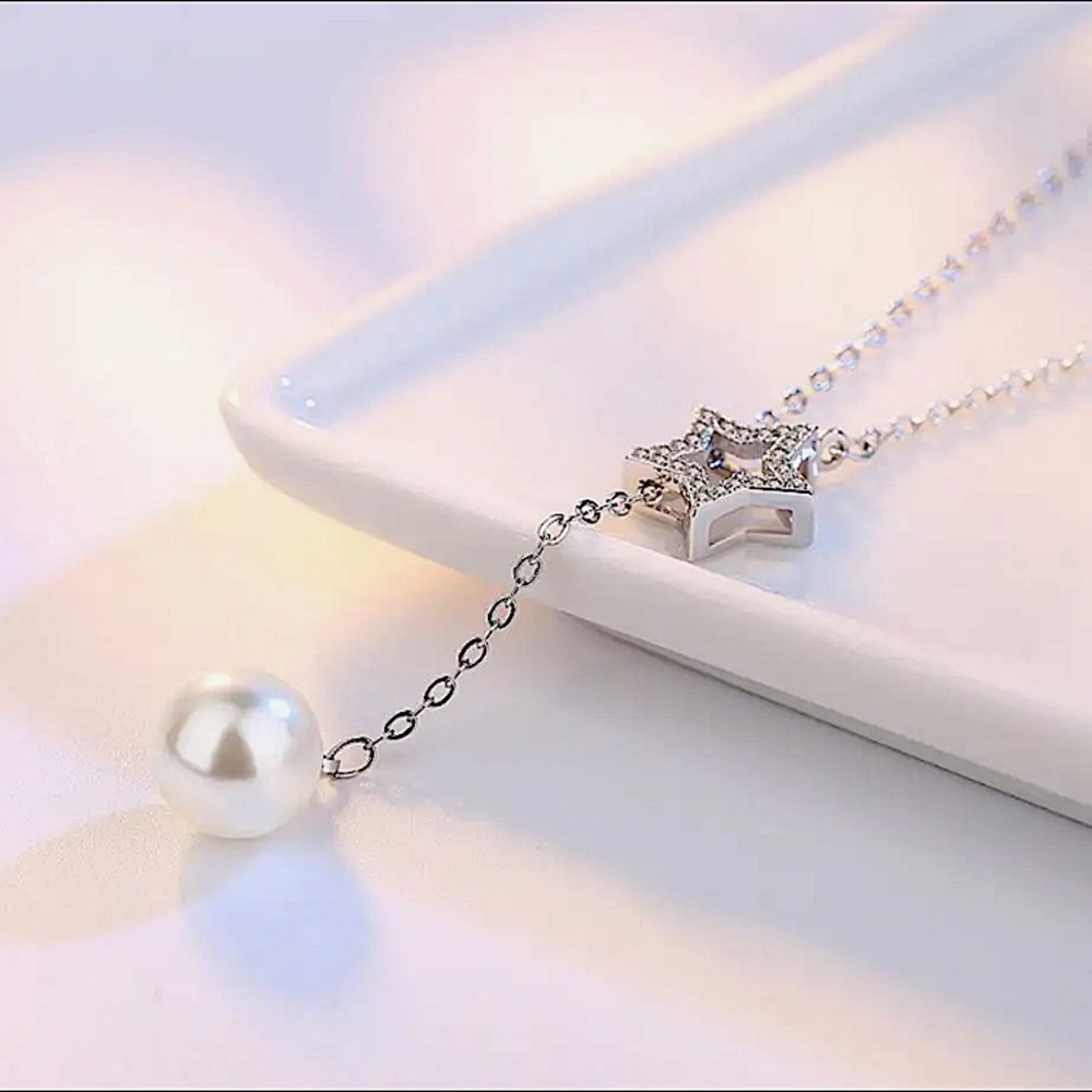💫 Sterling Silver 925 Star Pearl Necklace - Picture 3 of 4
